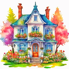 Fotobehang Watercolour, a cute house in the spring on a white background © Jatupong Thongkruama