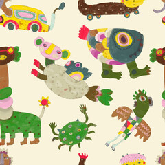 Monster seamless pattern. watercolor vector illustration. animal.
