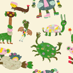 Monster seamless pattern. watercolor vector illustration. animal.