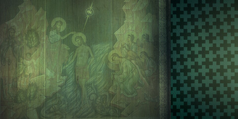 Deep green religious backdrop in Byzantine style. Christian digital scrapbook paper 