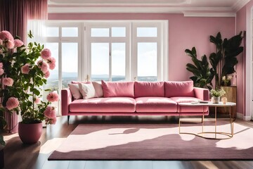 light cozy living room with pink sofa and flowers near big window