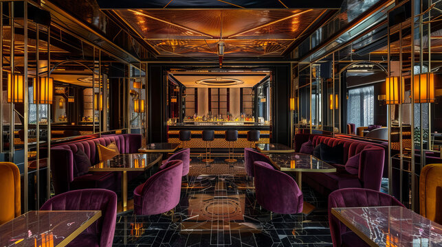 An ornate bar setup with rich purple velvet chairs surrounded by gilded accents and intricate ceiling designs - Powered by Adobe