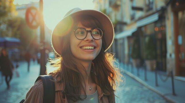Outdoor summer smiling lifestyle portrait of pretty young woman having fun in the city in Europe in evening with camera travel photo of photographer Making pictures in hipster style glasses and hat