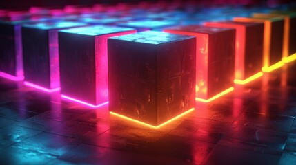 Illuminated neon cubes on wet floor at night