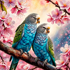 Pair of parakeets on a tree branch