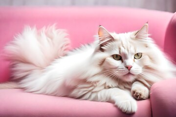 White fluffy cat lying down on pink sofa