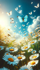 Fototapeta na wymiar Spring Symphony: Butterflies and Daisies in Sunlit Bliss