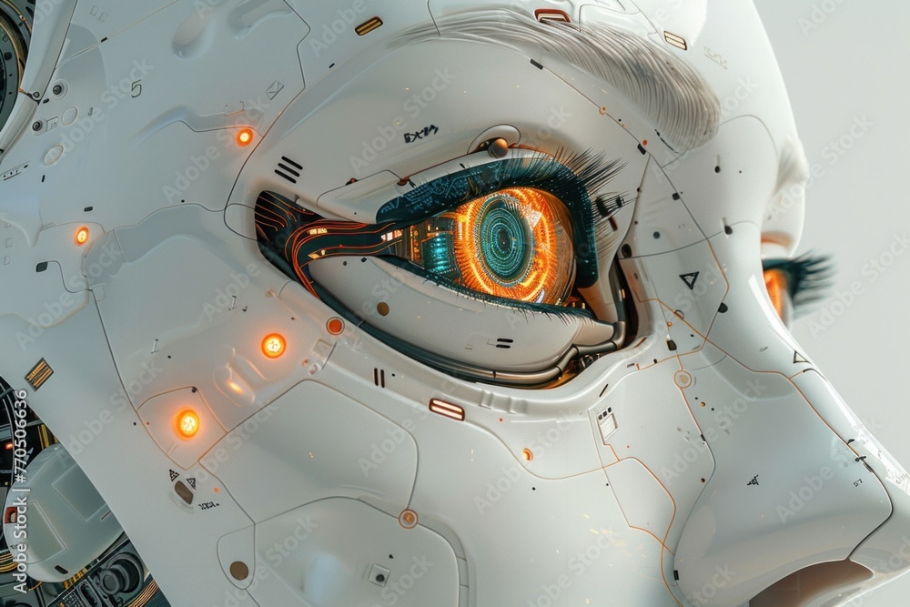 Poster a digital rendering of a womans face with a robotic, futuristic aesthetic featuring a detailed eyeba