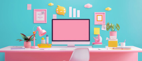 A computer desk with a pink monitor and a yellow lamp