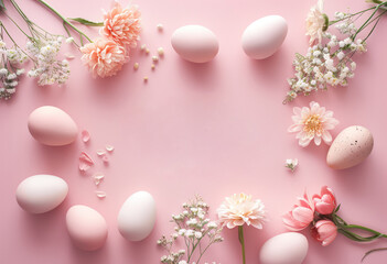 Top view illustration of Easter eggs, tulips, and confetti on a light purple surface, providing a spot for your holiday wishes or advertisements