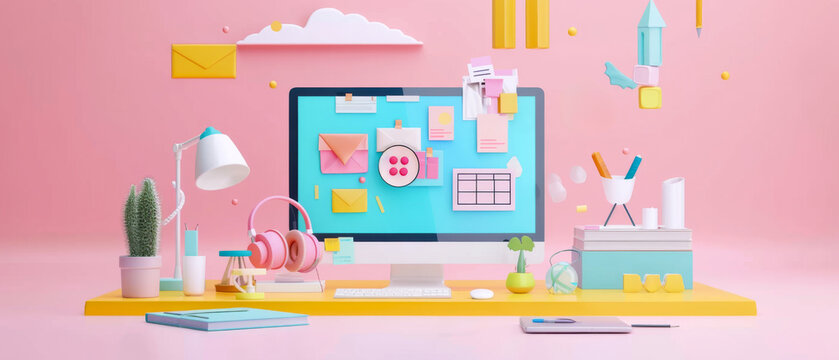 A computer monitor with a pink background and a lot of colorful objects