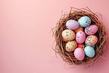 Happy easter! Colorful of Easter eggs in the nest with rabbit on pastel on pink background. Greetings and presents for Easter Day celebrate time. top view, Offering ample space for your message