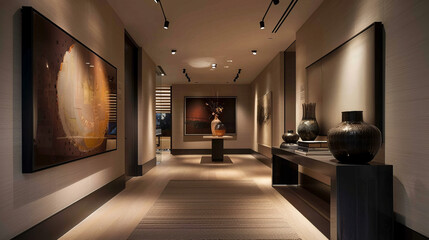 This image emulates an art gallery corridor with illuminated walls displaying abstract paintings
