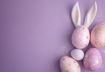 Top view illustration of easter bunny ears colorful vivid eggs and sprinkles on isolated light blue background with copy space, leaving space for text or advertising