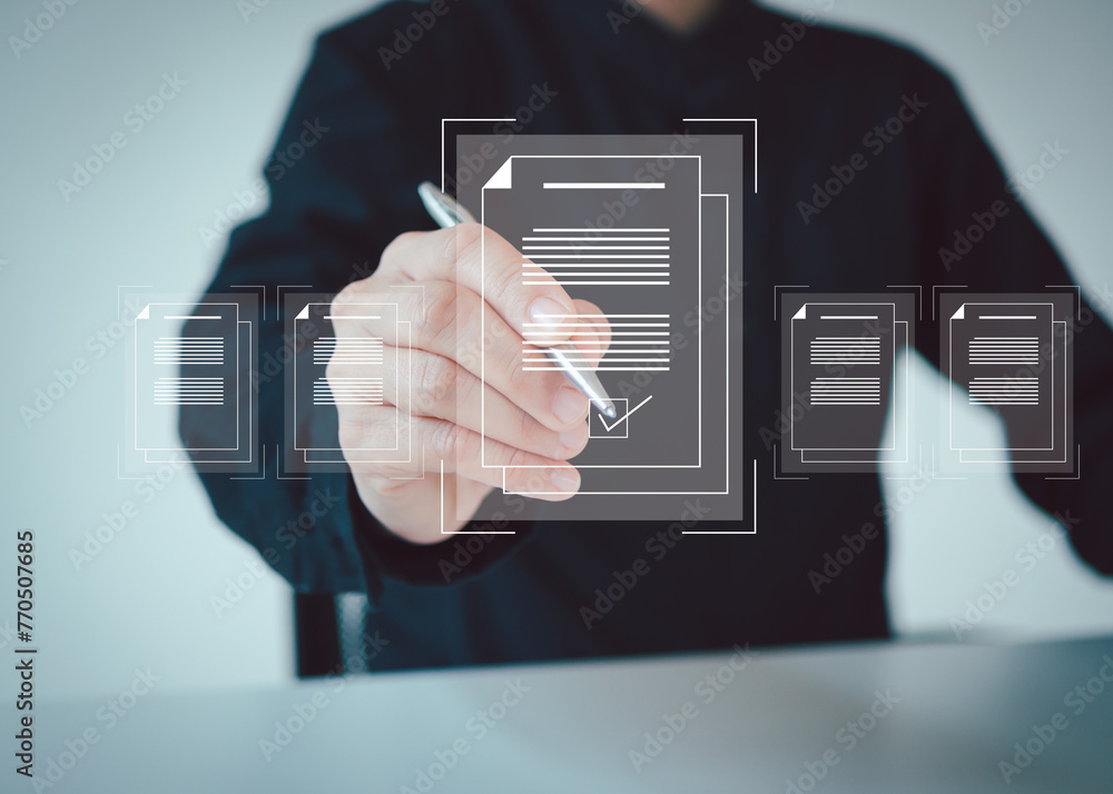 Poster document management and checklist concept, businesswomen show e-document on smartphone online manage