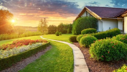 country lane in the morning natural landscape Beautiful manicured lawn and flowerbed with deciduous shrubs on private plot and track to house against backlit bright warm sunset evening light on backgr - obrazy, fototapety, plakaty