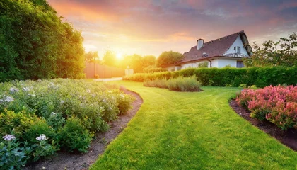 Foto op Aluminium country lane in the morning natural landscape Beautiful manicured lawn and flowerbed with deciduous shrubs on private plot and track to house against backlit bright warm sunset evening light on backgr © Bilal