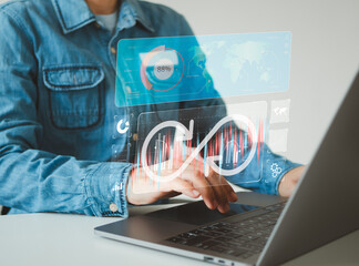 DevOps software development concept. IT operations, high software quality and software development. Agile programming development. Businessman use laptop with DevOps icon on virtual screen.