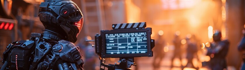 Black cyborgs on movie set, AI directing, close view, cameras and film clapperboards