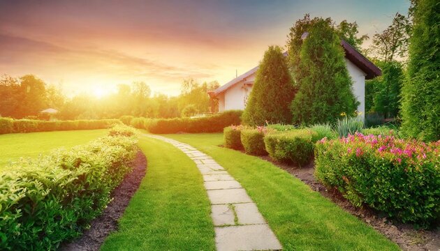 country lane in the morning natural landscape Beautiful manicured lawn and flowerbed with deciduous shrubs on private plot and track to house against backlit bright warm sunset evening light on backgr