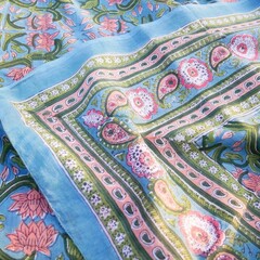 Texture, background, pattern. Cloth silk blue with a pattern of flowers