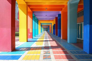 Colorful block wall frame, blank brick structure, patterned ground for school games - obrazy, fototapety, plakaty