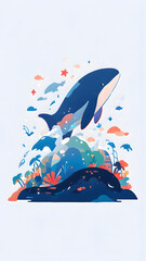 Ocean Life Harmony: A vibrant illustration featuring a whale gracefully swimming amidst waves