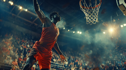 Energetic slam dunk by national basketball superstar, audience cheering, intense atmosphere