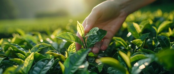 Natural tea farm scene, hand picking fresh leaves, closeup, organic greenery - obrazy, fototapety, plakaty