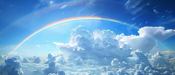 Peaceful blue sky, complete rainbow arch, fluffy clouds, designed for copy space