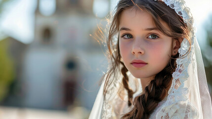 Obraz premium Portrait of girl in first communion dress, church in background, pure and angelic