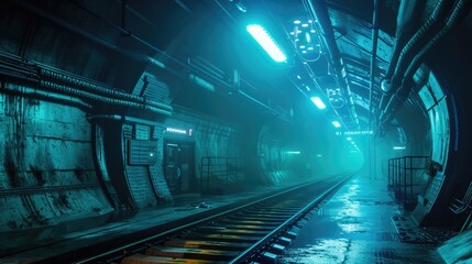 Fototapeta premium Futuristic subway station with neon lights and wet surfaces.