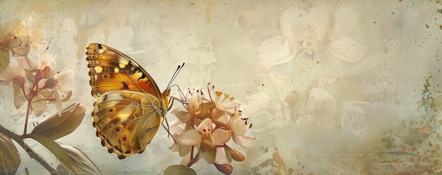 Vintage butterfly illustration with floral elements