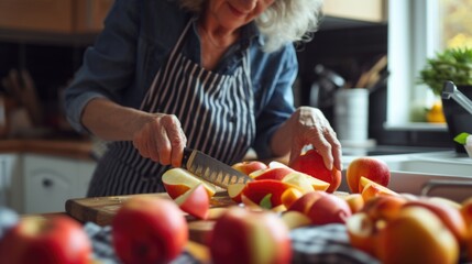 Close-up of a senior woman slicing apples in kitchen.