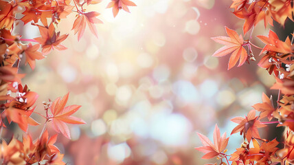 red or orange maple leaf framing a stylish natural bokeh background with wide copy space