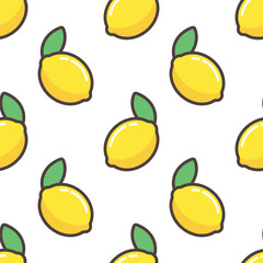 Lemons vector seamless pattern. Yellow citrus fruits and green leaves with black outline on white background. Best for textile, wallpapers, wrapping paper, package and web design.