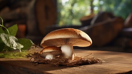 Fresh organic mushrooms on a rustic wooden table.