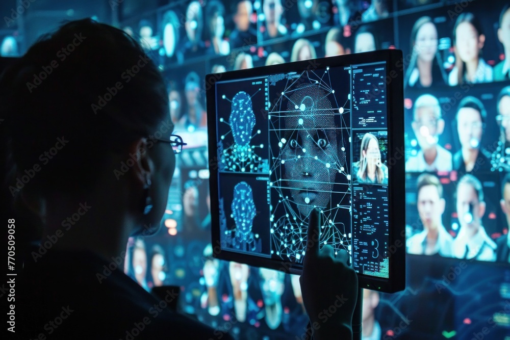 Poster a man is attentively looking at a computer screen displaying numerous individuals.