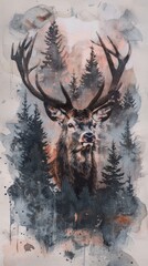 Abstract elk portrait with forest background