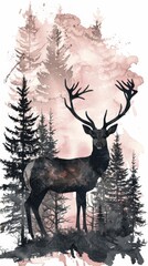 Abstract watercolor deer in forest