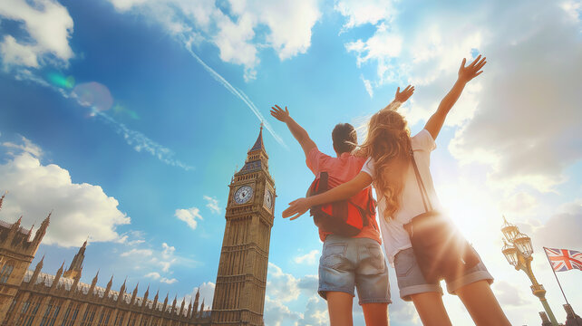 happy person with arms raised in london