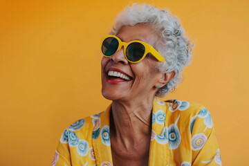 Portrait of an elderly black woman wearing sunglasses against a bright wall on a sunny day.
