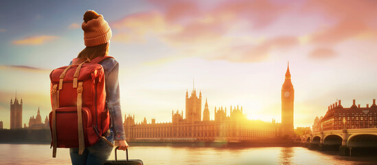 traveler, sunset over the london river - obrazy, fototapety, plakaty