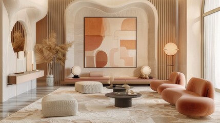 Elegant living room interior with abstract geometric wall art.