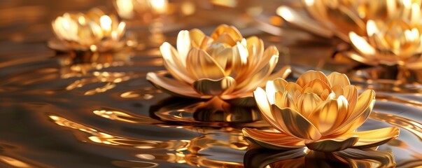 Golden lotus flowers floating on water