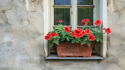 Red geranium flowers in terracotta pots on a rustic window ledge.