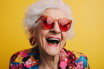 Portrait of an elderly woman wearing sunglasses against a bright wall on a sunny day.
