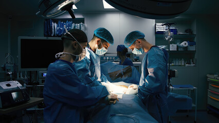 A group of professional surgeons in the operating room. Close-up of a surgical operation. Plastic surgery. Health. Surgery in a private clinic. - obrazy, fototapety, plakaty