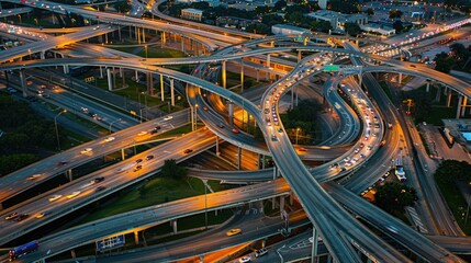 Aerial view of intricate city highway interchange at night with light trails.