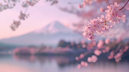 Sakura cherry blossoms with Mount Fuji in background.